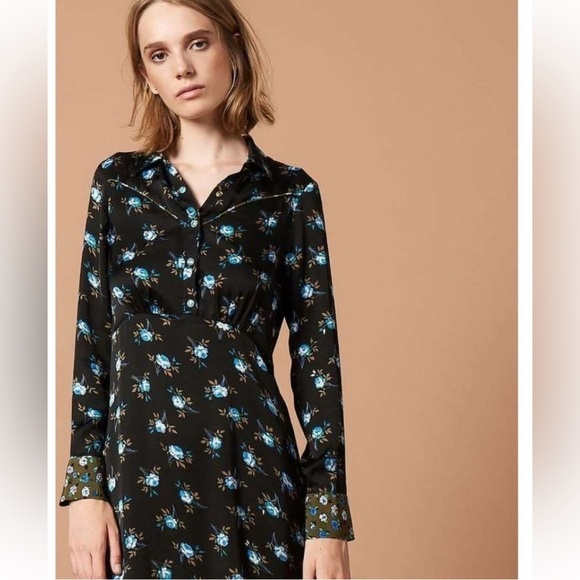 Sandro Dresses & Skirts - Sandro Paris Black Floral Button-Front Satin Dress- Size 38 (US 6) 100% Viscose